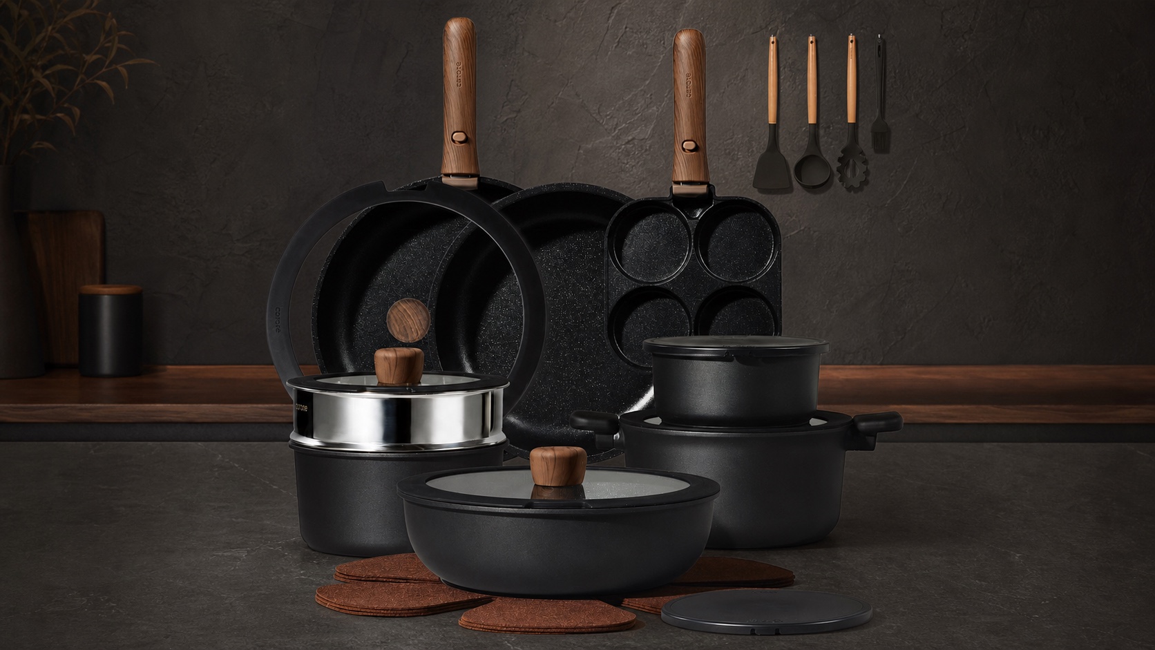 Complete CAROTE Forest detachable cookware system arranged against a charcoal kitchen backdrop