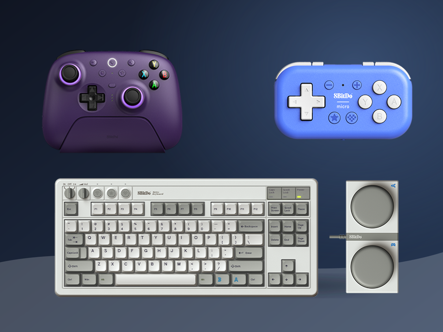 Three official 8BitDo product scenes showing Ultimate 2 controllers, Retro Mechanical Keyboard M Edition and the Micro Bluetooth Gamepad
