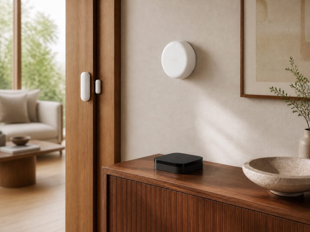 Aqara Hub M3, Presence Sensor FP2 and Door and Window Sensor P2 arranged naturally in a modern timber interior