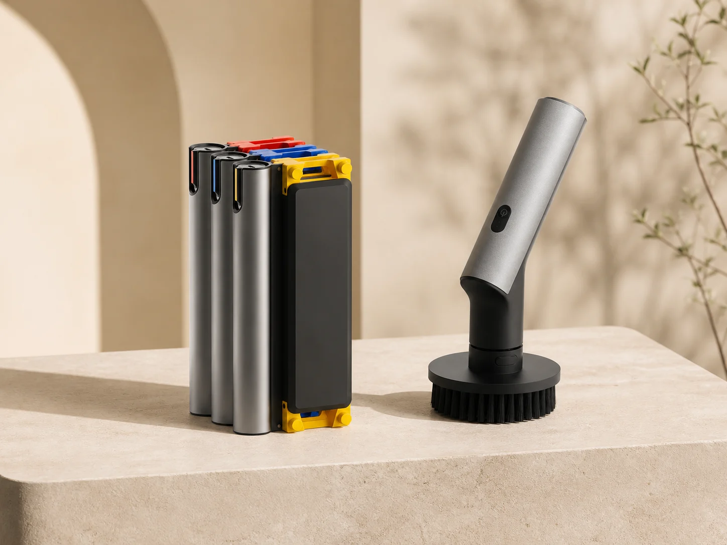HOTO SNAPBLOQ modular precision-tool system beside the HOTO Electric Spin Scrubber in a ChinoMuse editorial rendering