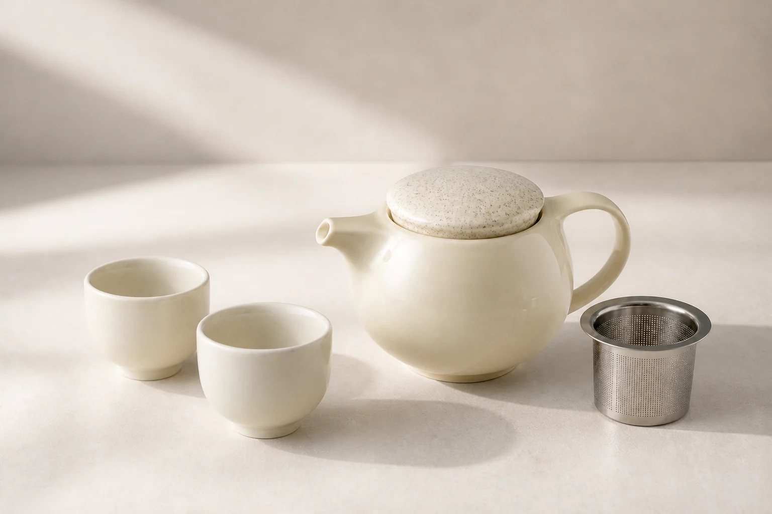 Loveramics Pro Tea teapot, stainless-steel infuser and Oriental tea cups in a ChinoMuse editorial rendering