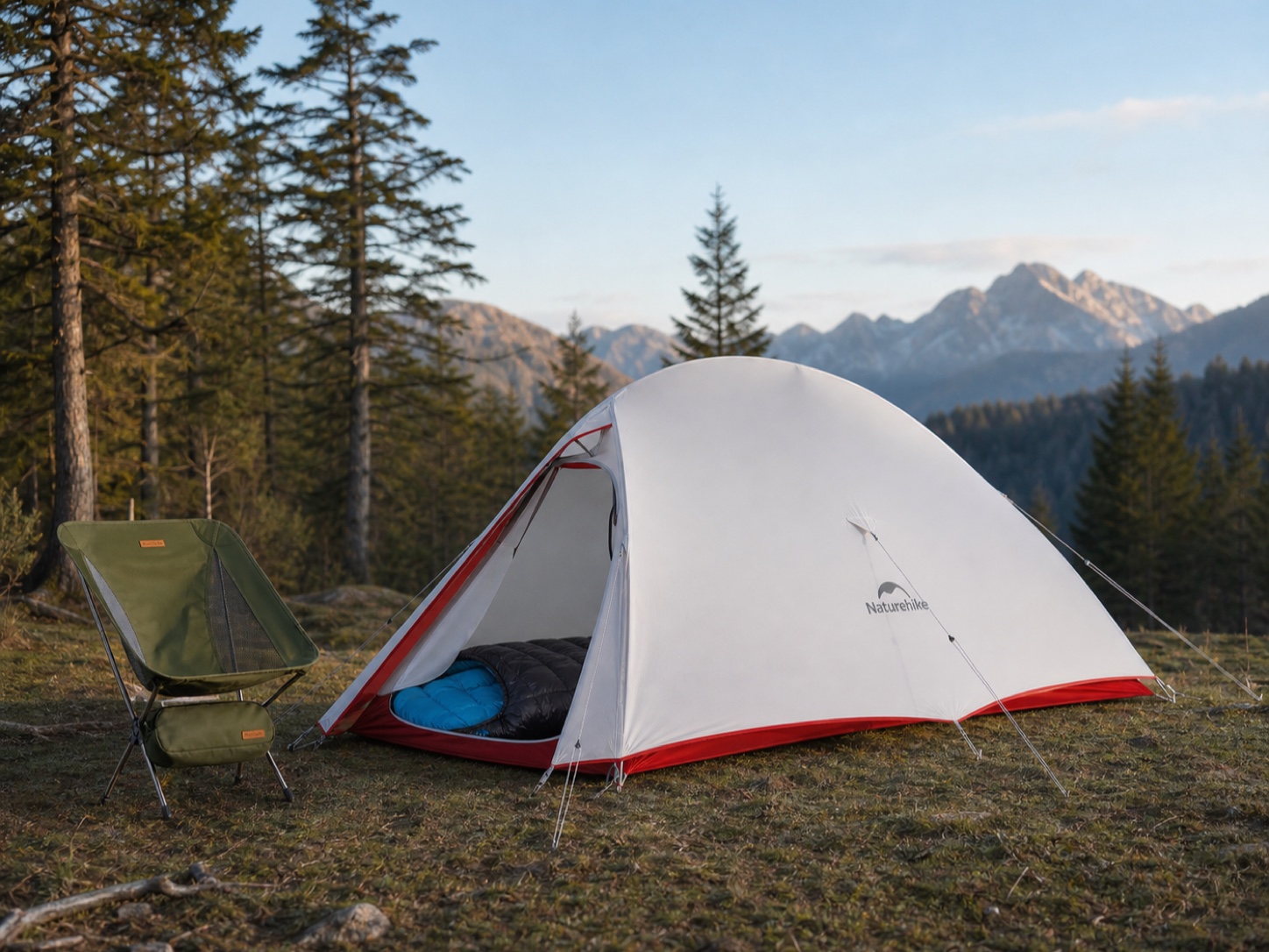Naturehike Cloud Up Pro 2 tent, PeakLite YL08 chair and CWM 400 sleeping bag at a mountain forest campsite