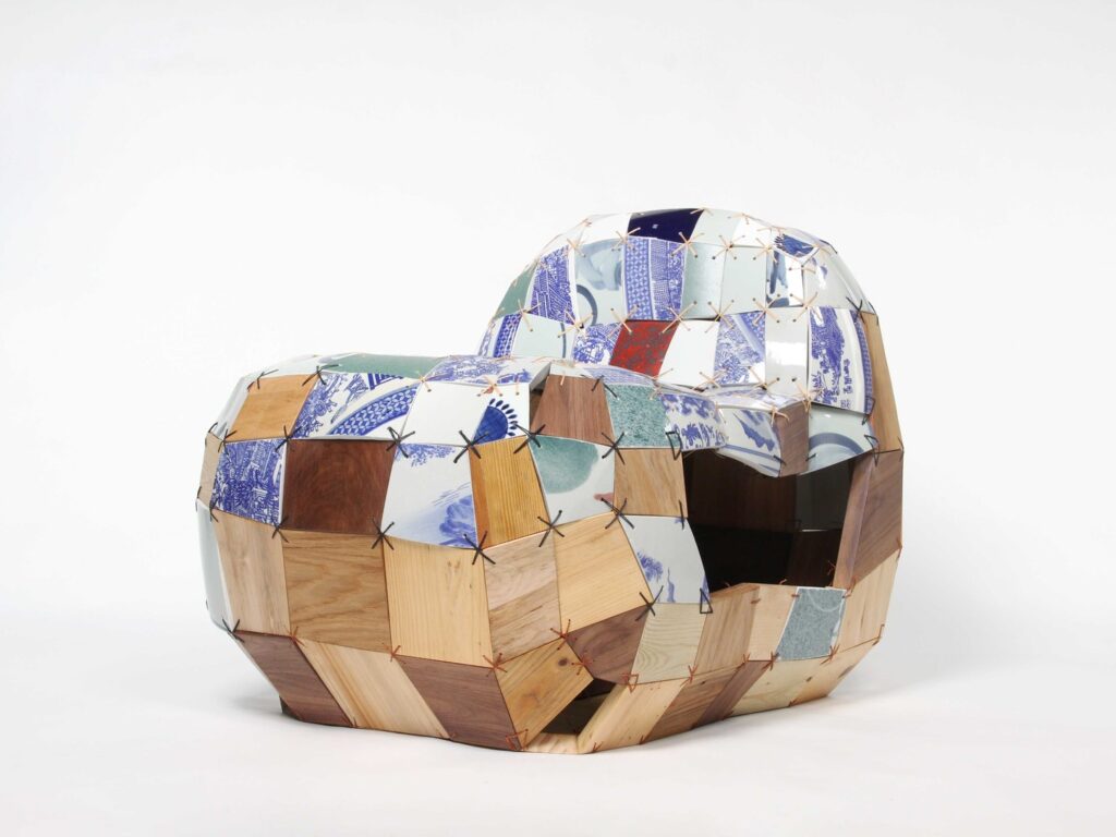 PINWU CEWO chair made from stitched reclaimed ceramic fragments and wood