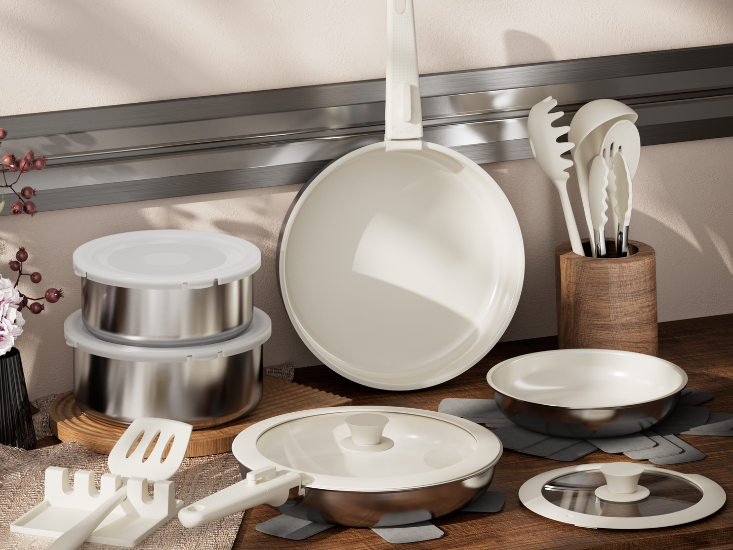 SANHO 21-piece cookware collection arranged as one complete kitchen system