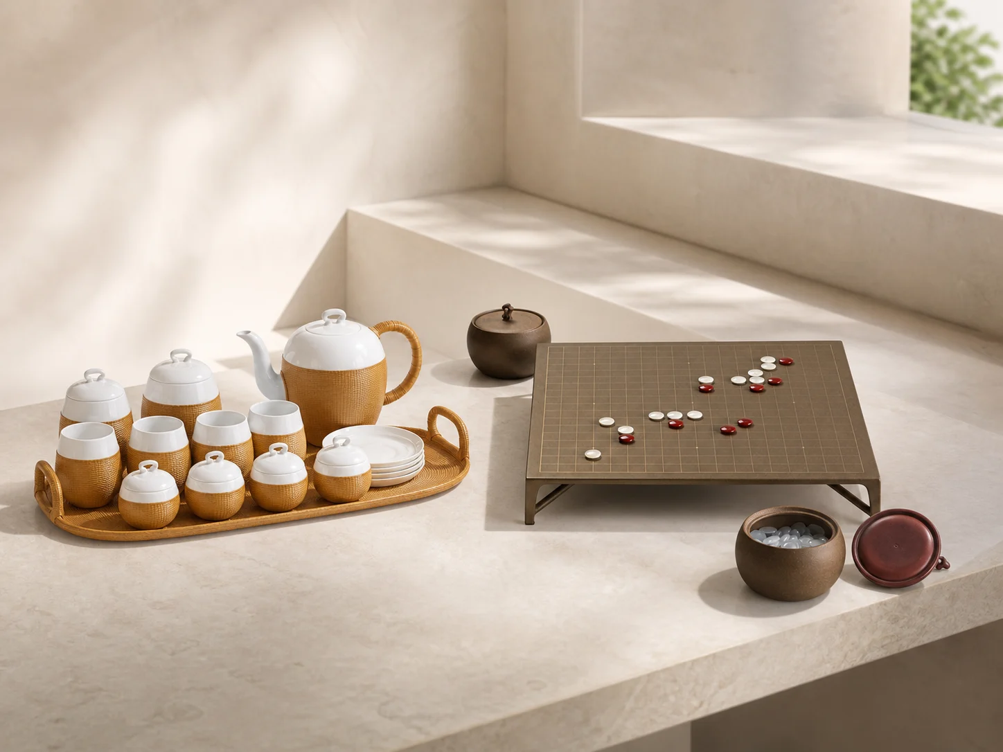 SHANG XIA porcelain and bamboo tea set beside the Da Tian Di carbon-fiber Chinese Go set