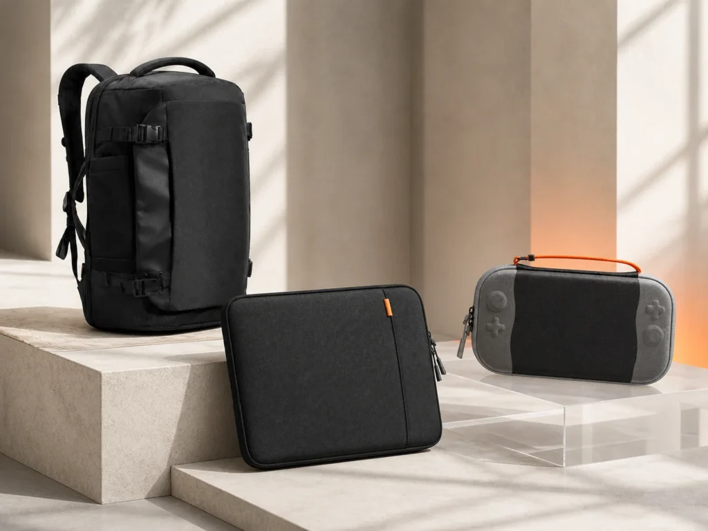 Black tomtoc Navigator-T66 backpack, Defender-A13 laptop sleeve and grey FancyCase-G05 handheld console case arranged together