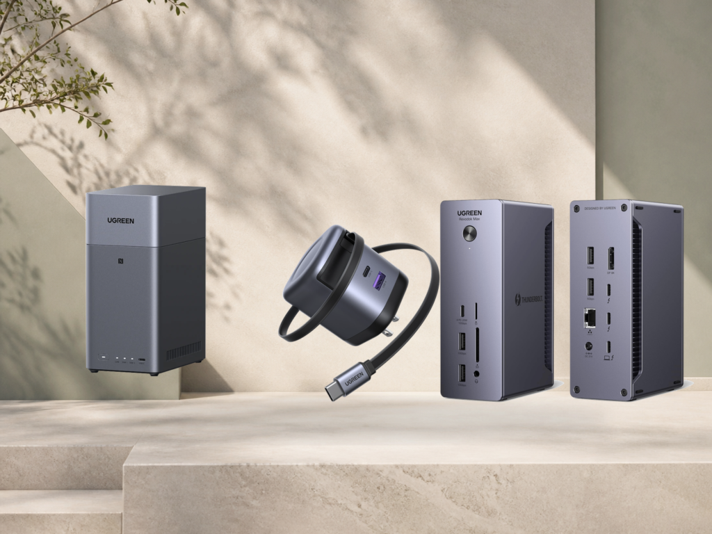 UGREEN NASync DH2300, Nexode retractable charger and Revodok Max 213 dock arranged in a warm architectural studio