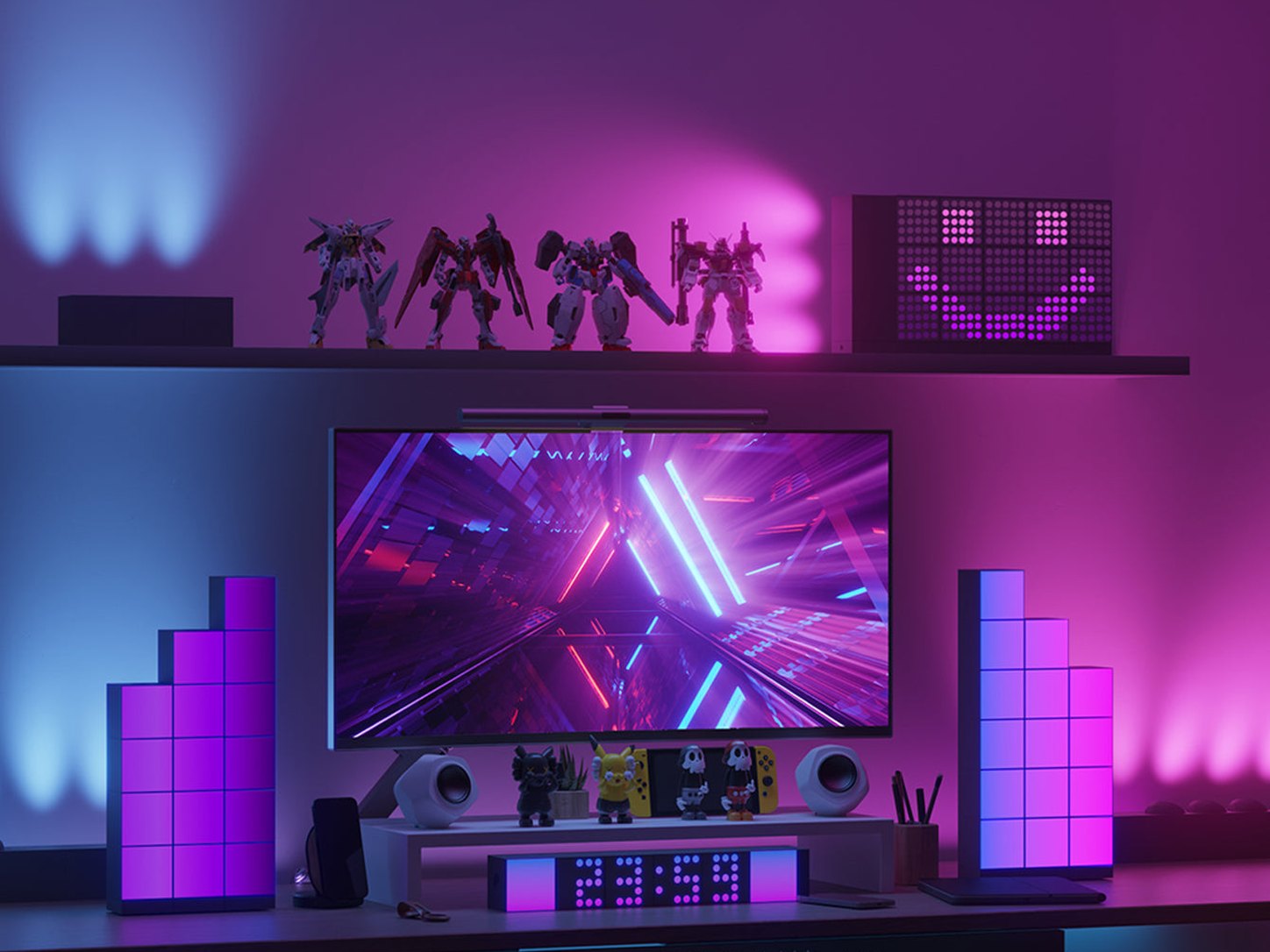 Yeelight ambient lighting across a single gaming desk and wall scene
