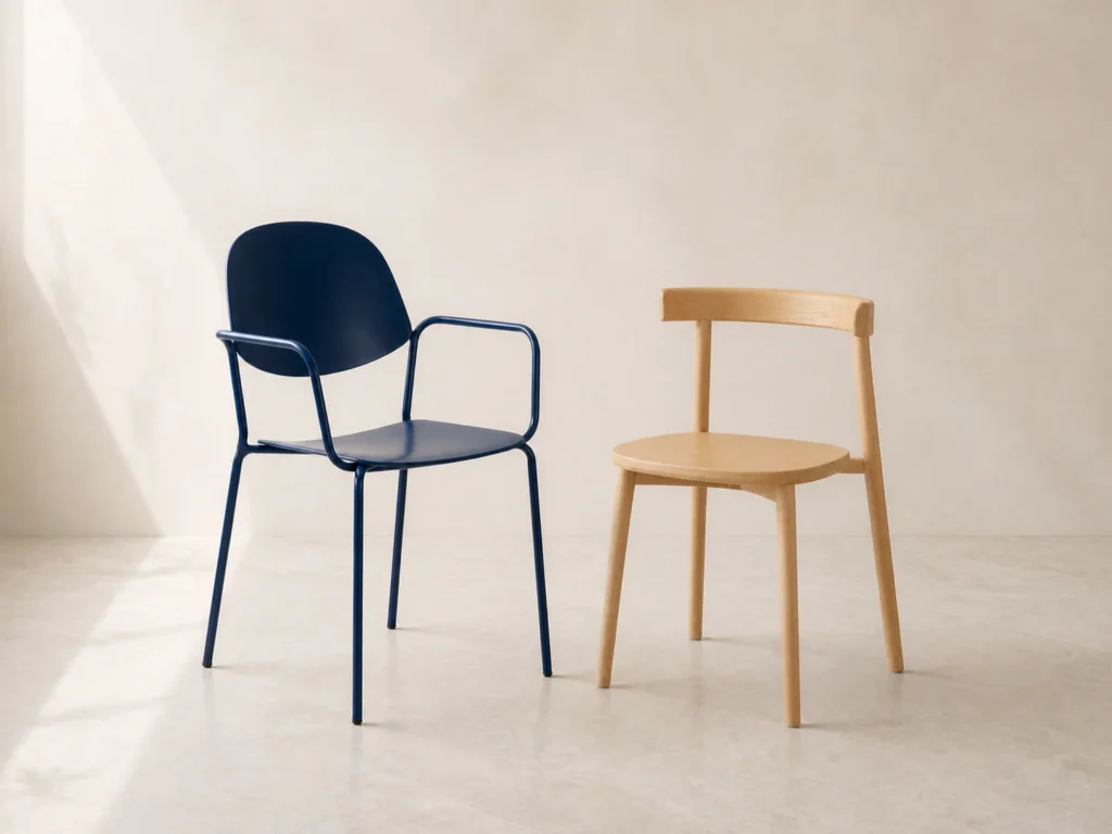 Navy ZAOZUO Lili Chair beside the natural white-ash ZAOZUO Mon Chair