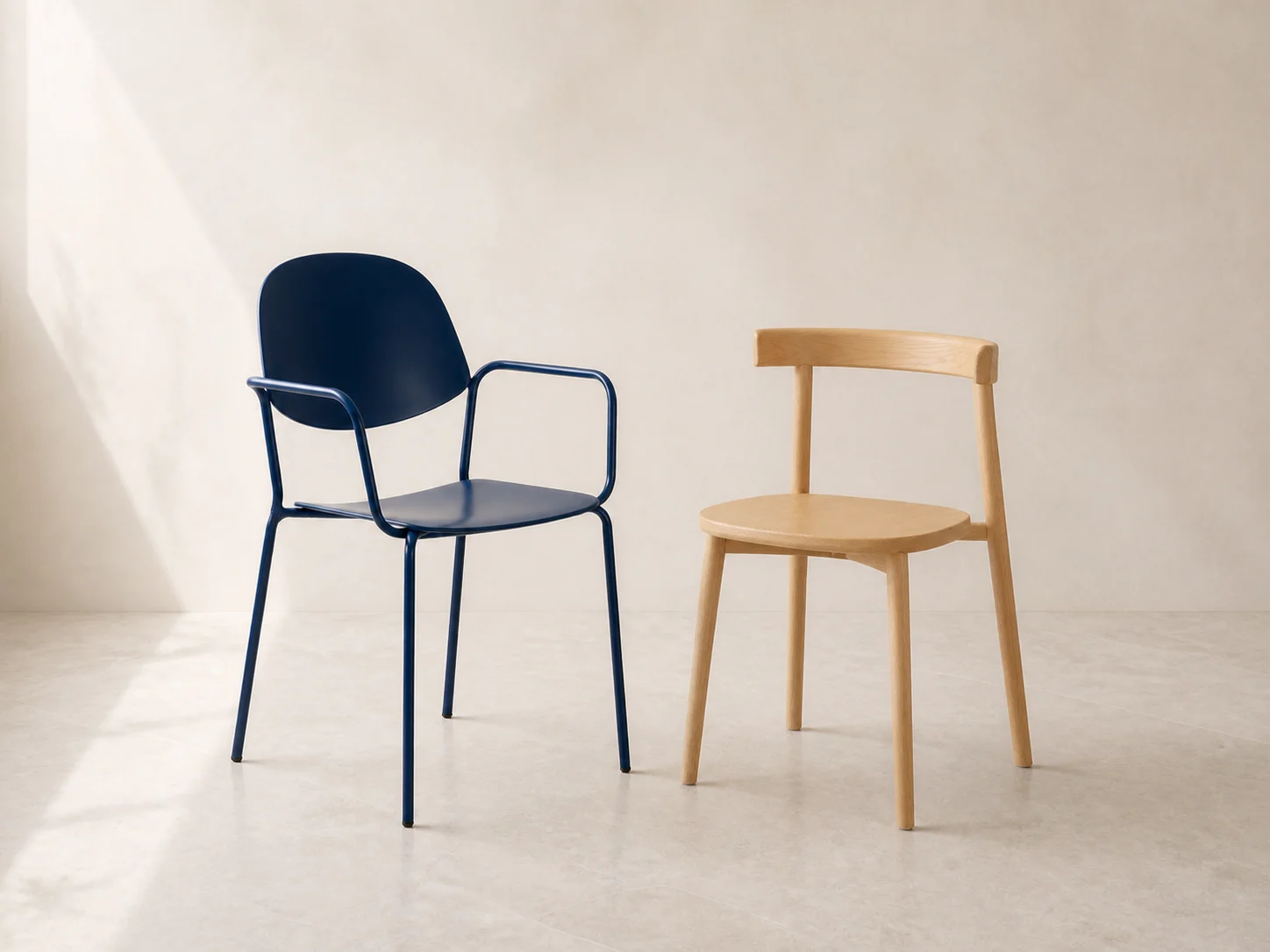 Navy ZAOZUO Lili Chair beside the natural white-ash ZAOZUO Mon Chair