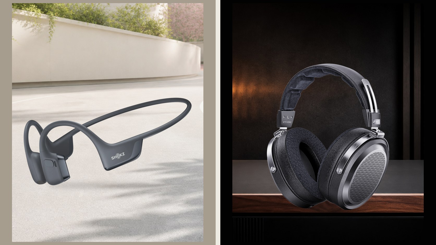 Shokz open-ear neckband and FiiO open-back headphones shown in contrasting work settings