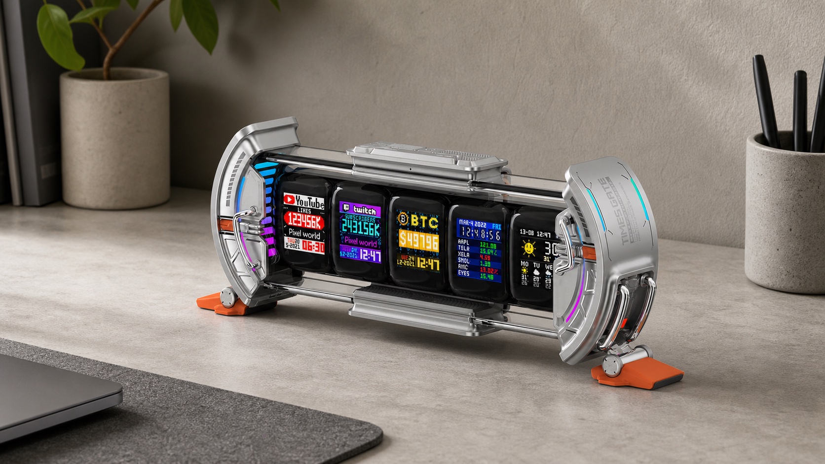 Complete Divoom Times Gate five-screen pixel display on a neutral home-office desk