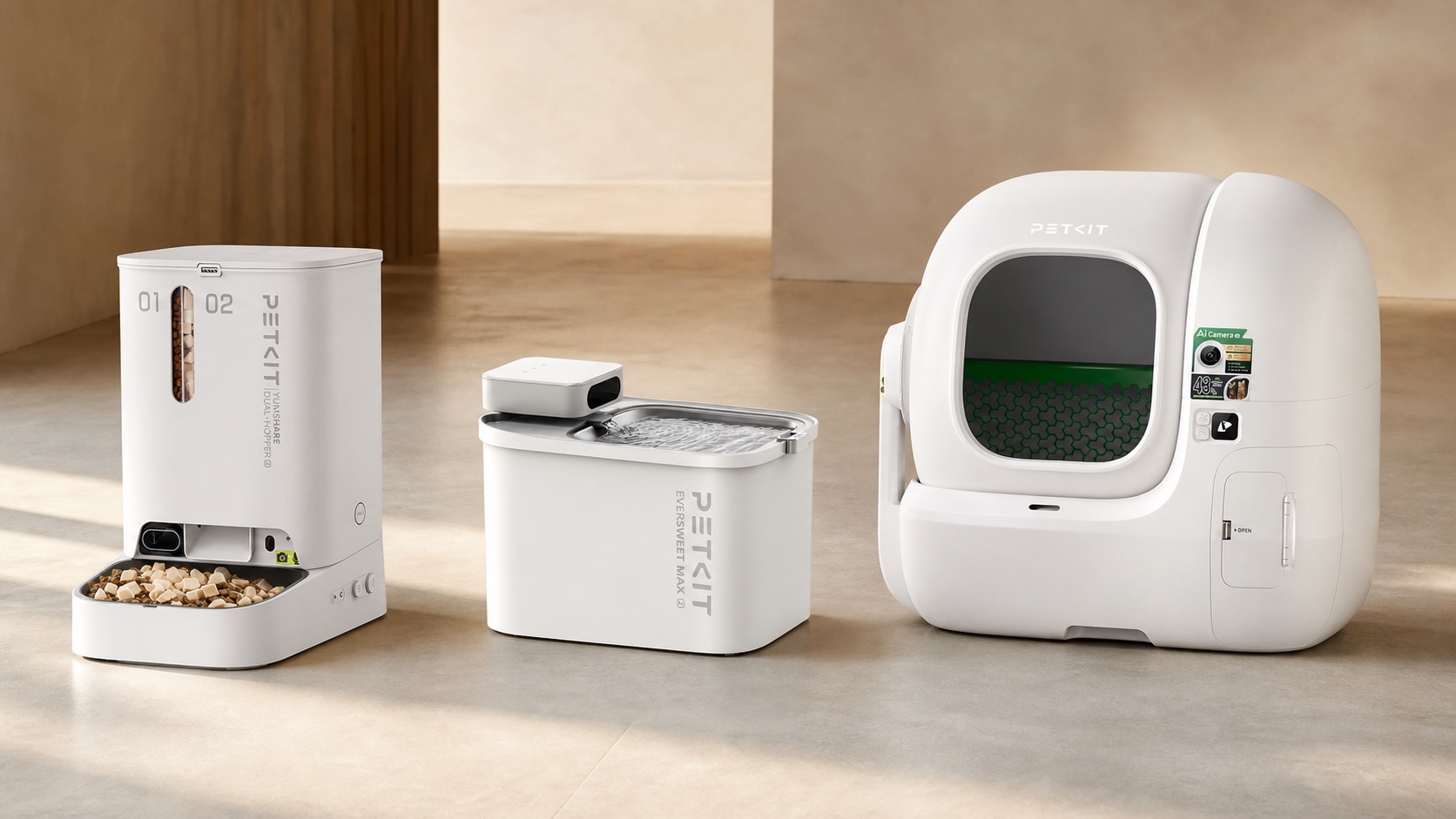 PETKIT feeder, water fountain and automatic litter box shown complete in a neutral comparison setting