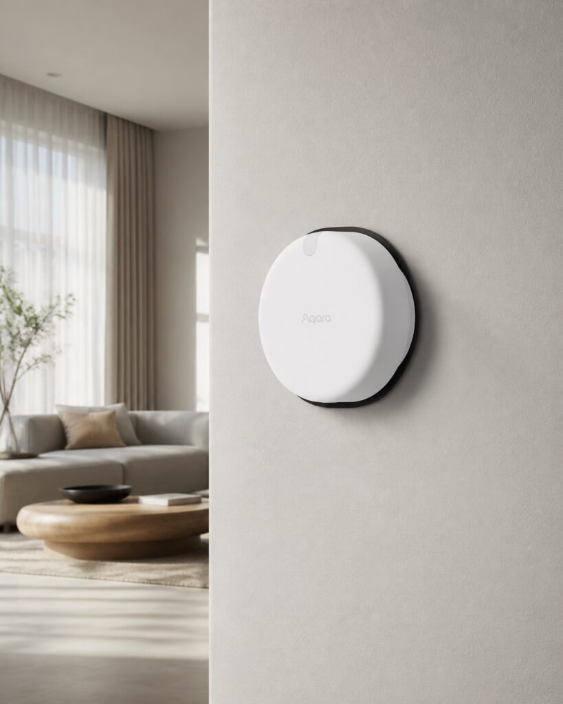 Complete white Aqara Presence Sensor FP2 mounted on a wall in a modern living room