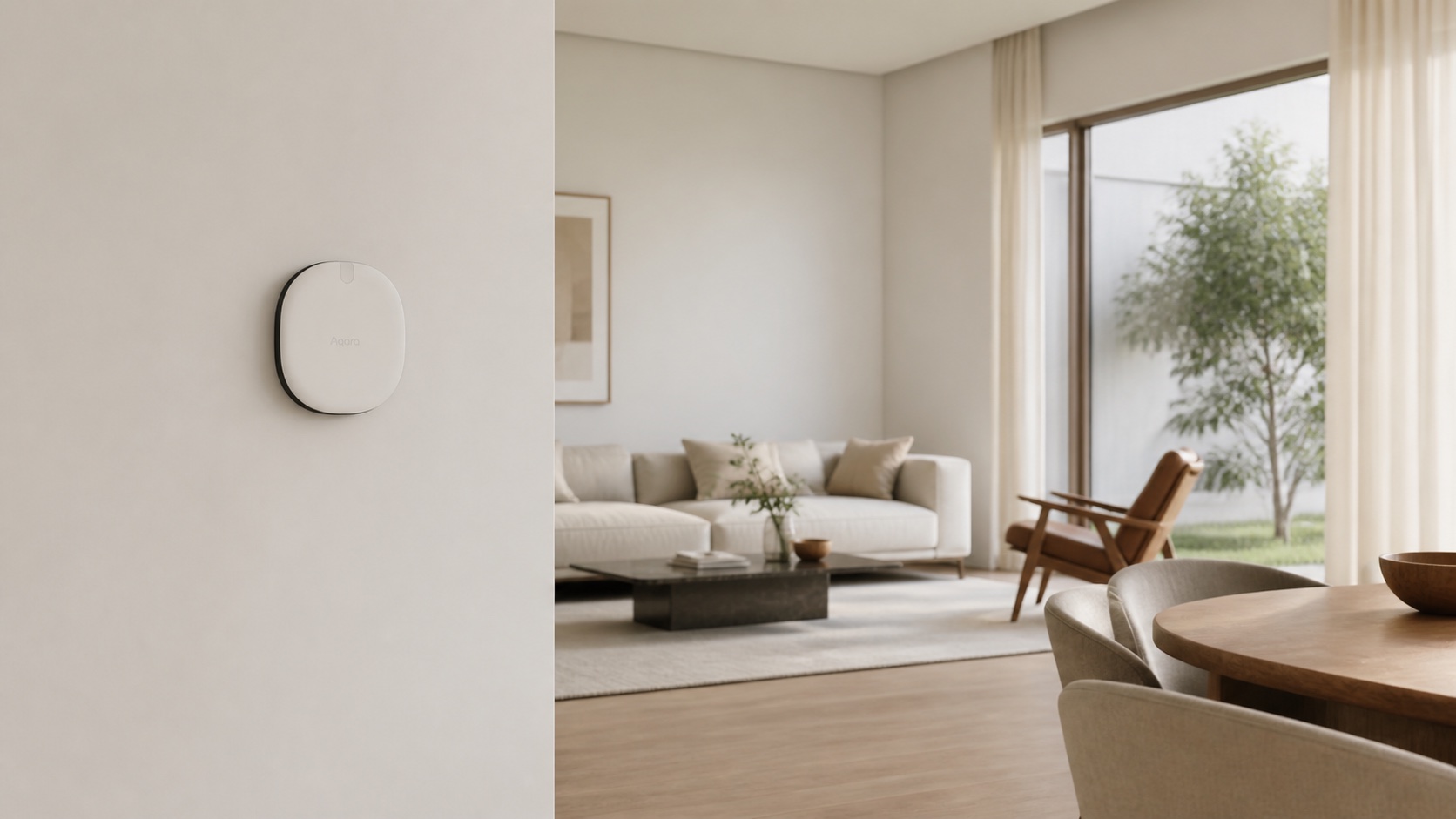 Wide interior view of a complete wall-mounted Aqara Presence Sensor FP2 beside distinct living zones