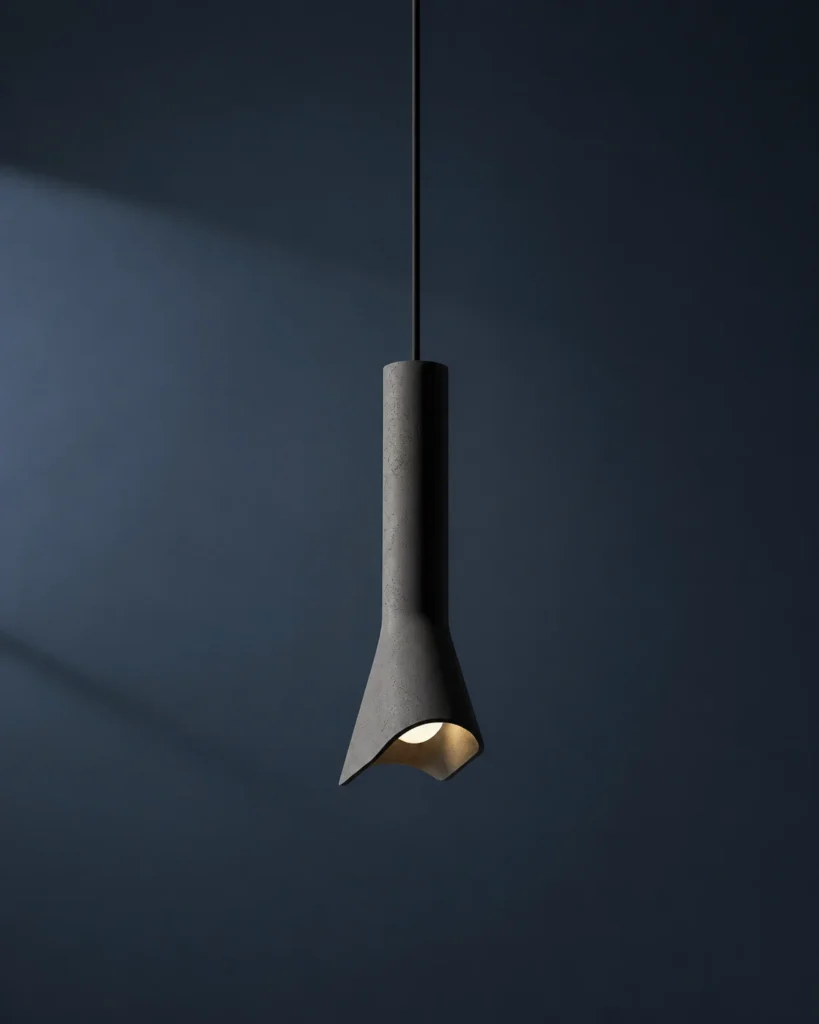 Single dark-grey BENTU RU concrete pendant lamp with asymmetric flared opening and warm interior