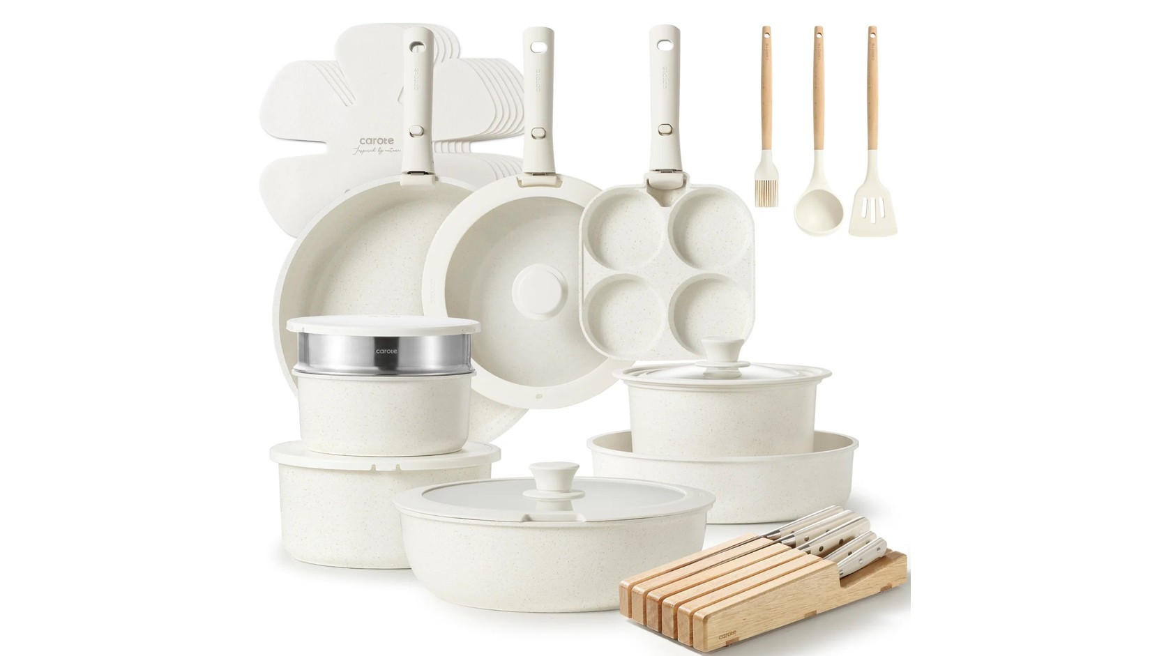 Wide kitchen view of CAROTE Snow detachable cookware vessels and accessories