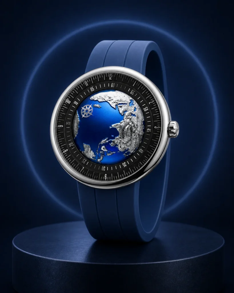 CIGA design Blue Planet II lugless mechanical watch with blue fluororubber strap and Asia-Pacific globe dial