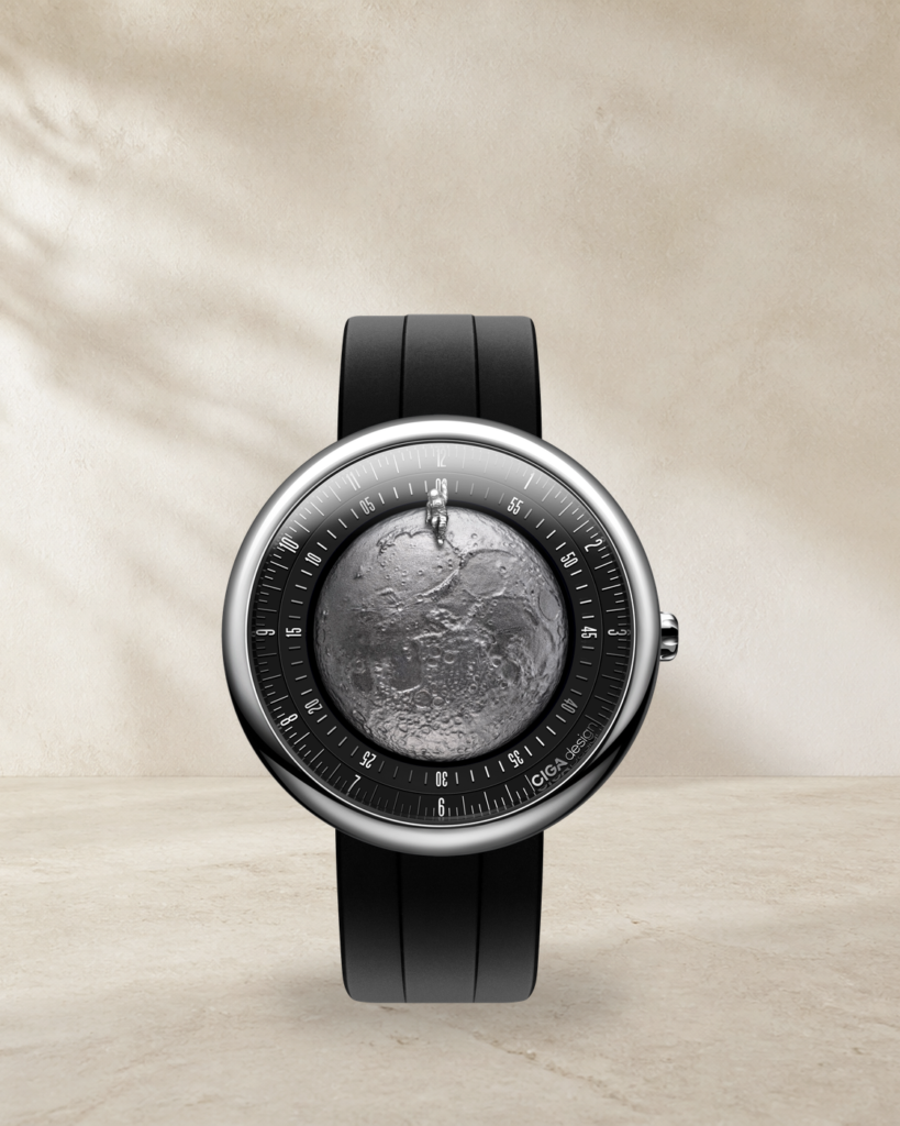 Front view of CIGA design Moon Walker automatic watch with lunar dial and black strap