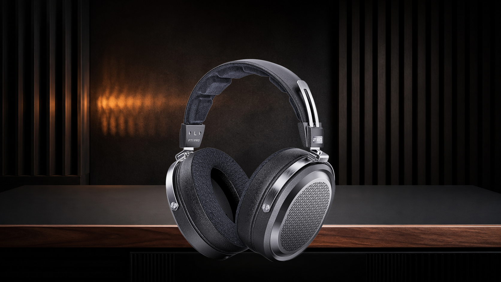 Wide complete official FiiO FT1 Pro product view on a warm mineral editorial background