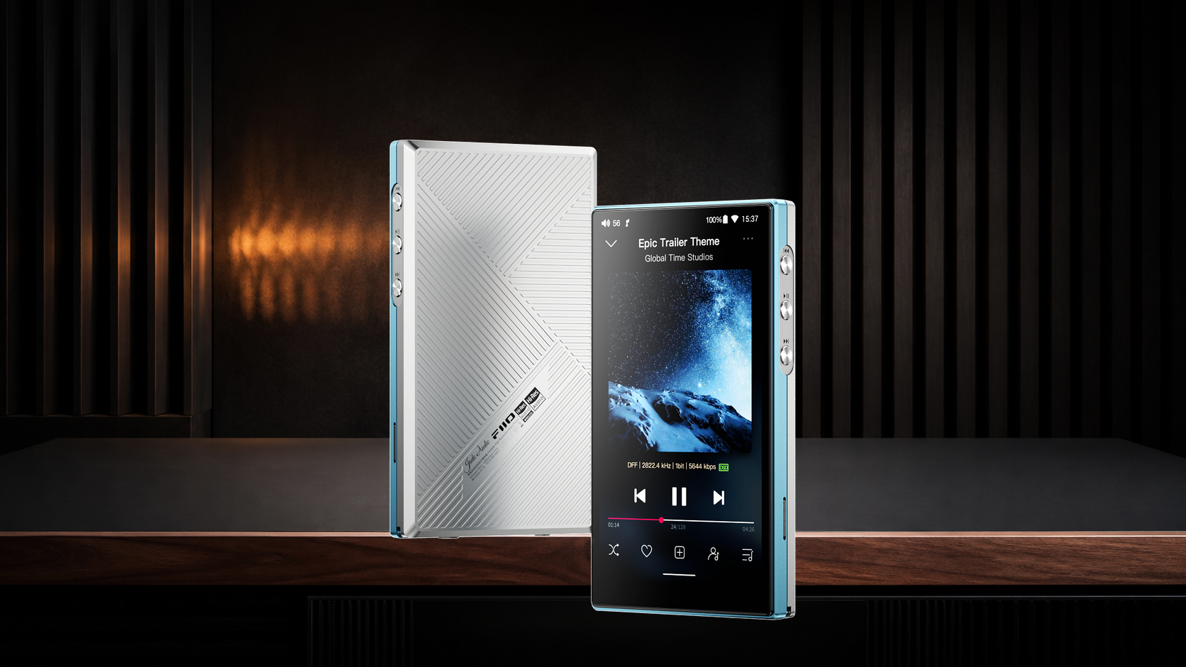 Wide complete official FiiO JM21 product view on a warm mineral editorial background