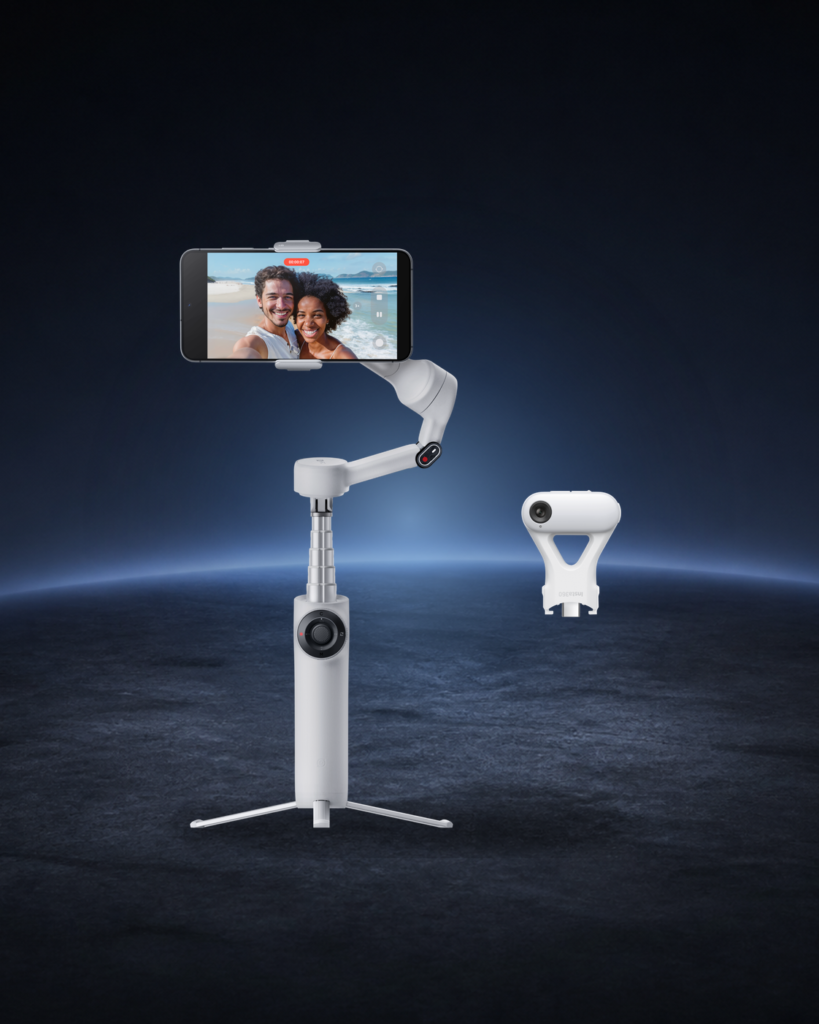 White Insta360 Flow 2 Pro smartphone gimbal extended above its integrated tripod with tracker accessory