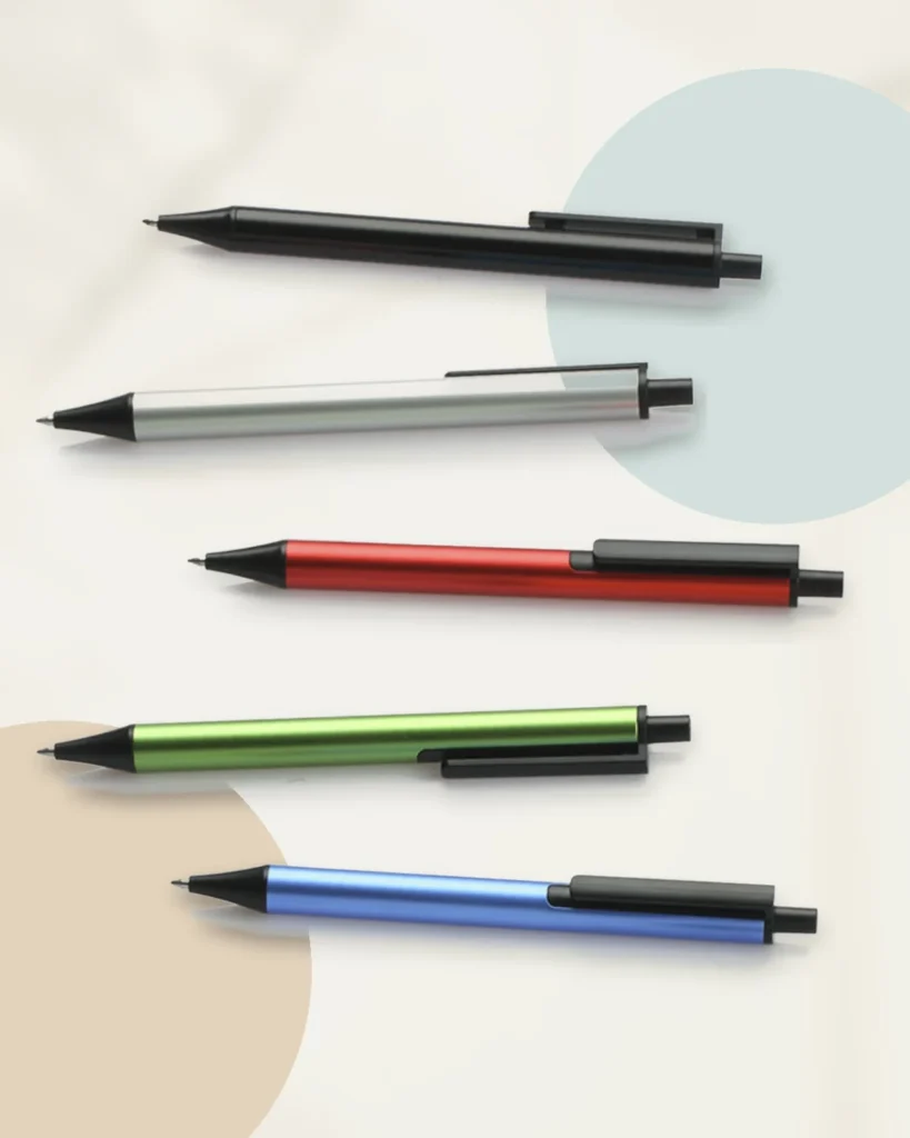 Five genuine KACO TUBE aluminium gel ink pen colourways arranged on a warm neutral editorial background