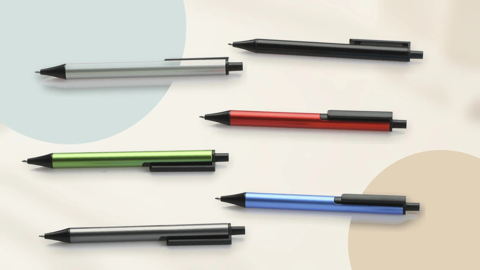 Six genuine KACO TUBE aluminium gel ink pens in black, silver, red, green, blue and graphite finishes