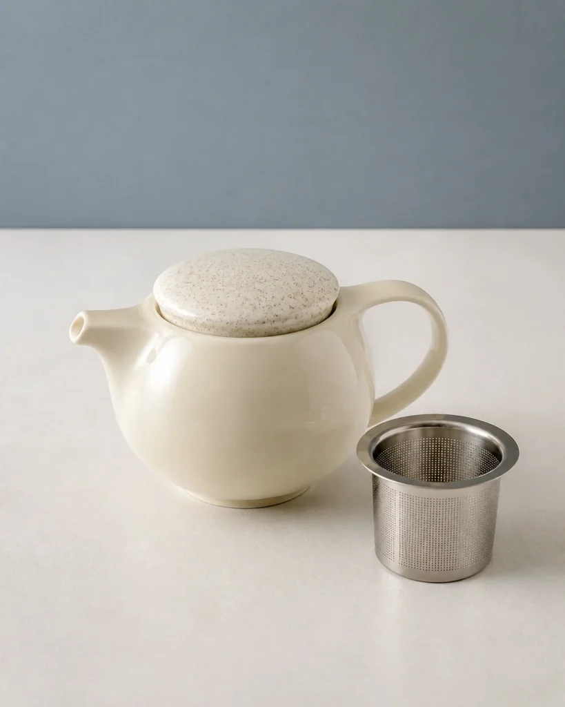 Loveramics Pro Tea 400ml ivory porcelain teapot with compact rounded body and removable stainless-steel infuser