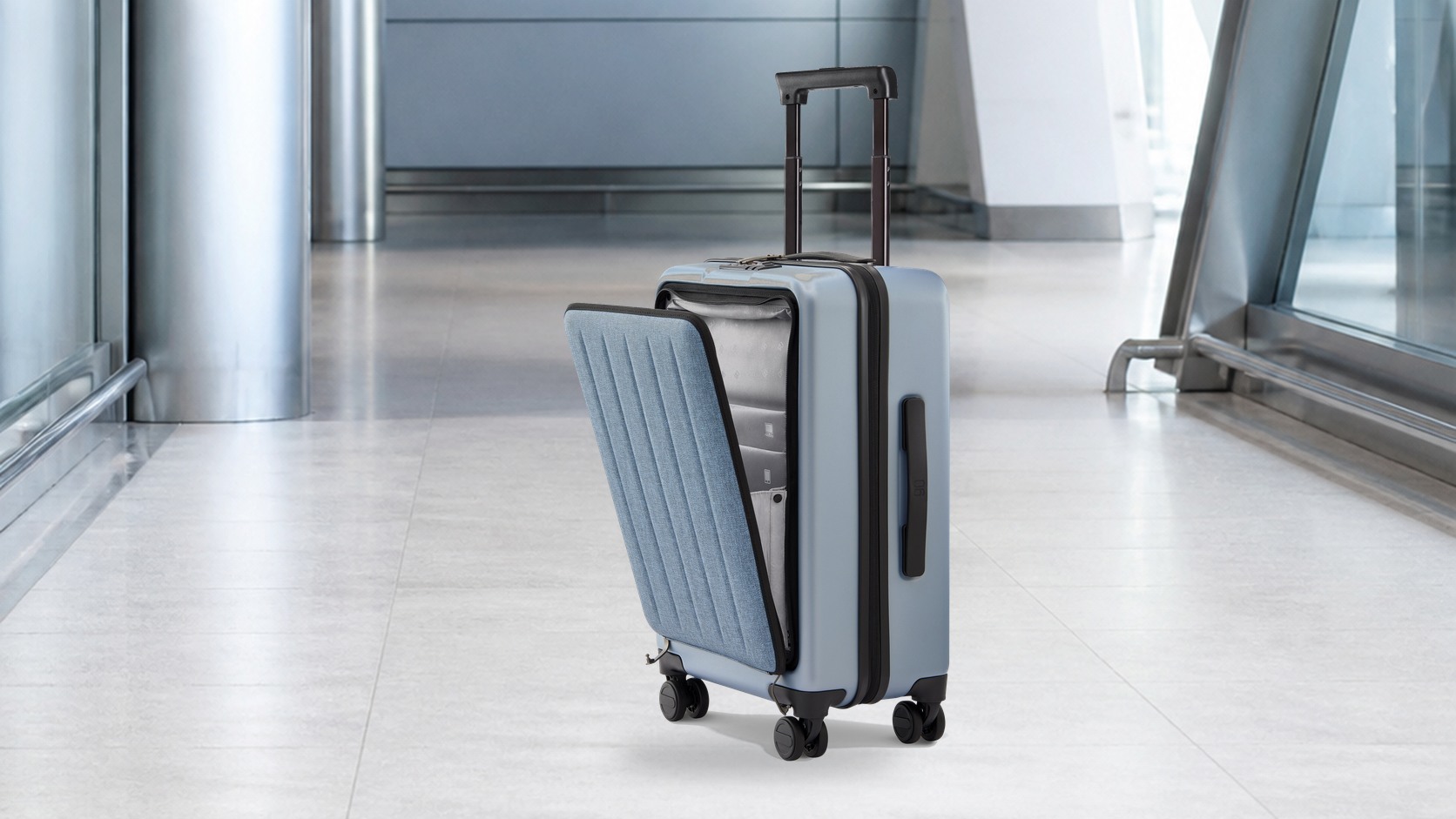 Wide presentation of the complete NINETYGO Seine Carry-on Pro front-access luggage