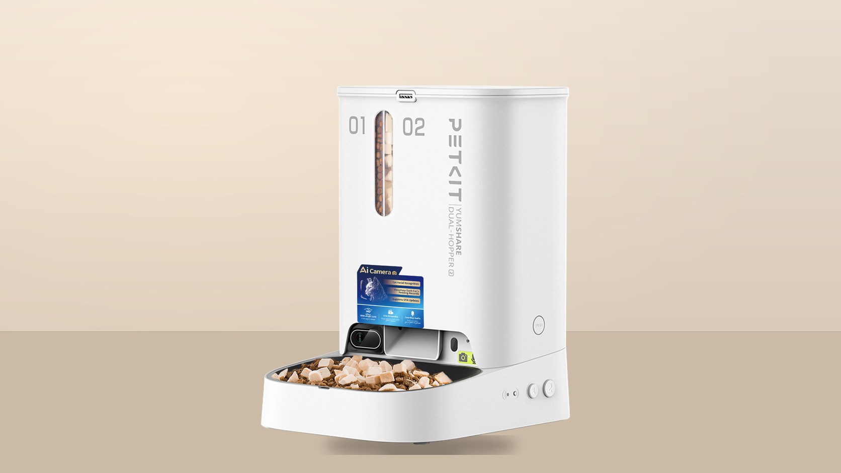 Wide view of the complete PETKIT YumShare Dual-hopper 2 feeder on a neutral warm surface