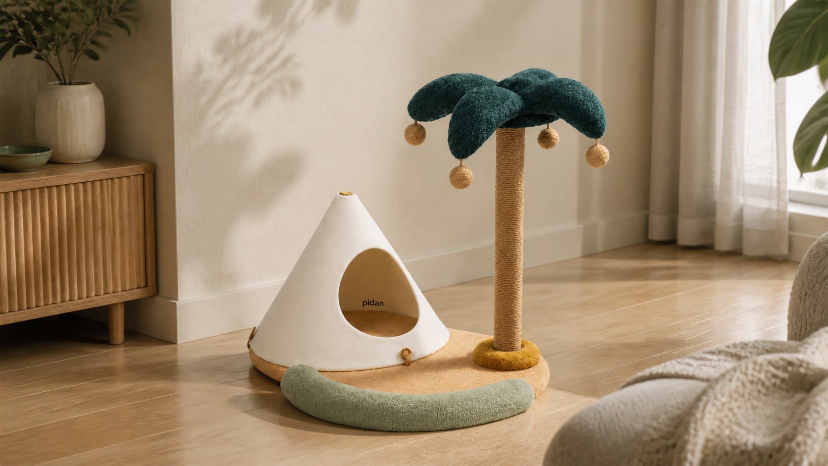 Wide view of the complete pidan Cat Island three-part cat environment in a warm contemporary room