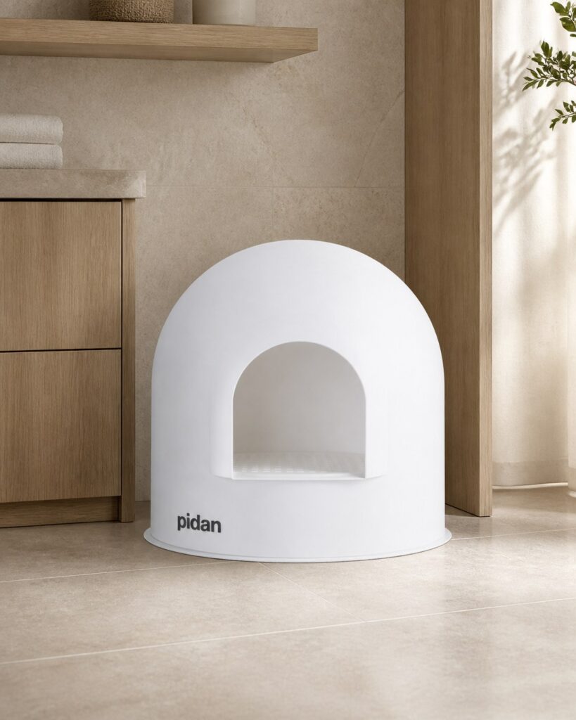 Complete white pidan Igloo Cat Litter Box in a warm contemporary interior