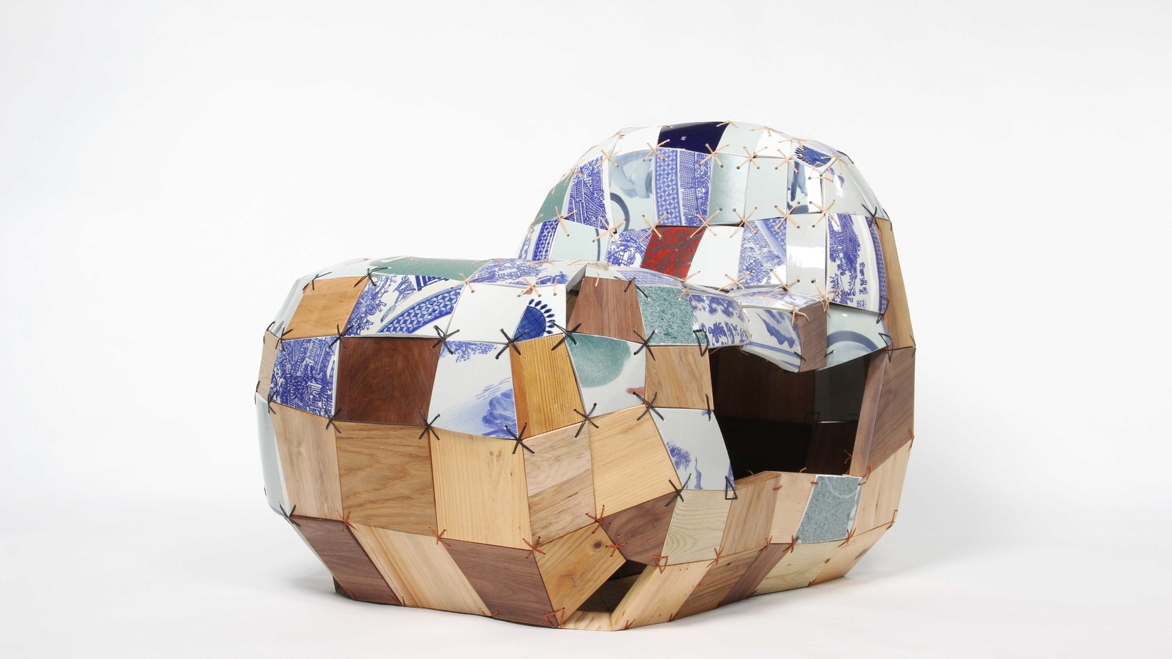Wide official view of the PINWU CEWO reclaimed ceramic and wood chair