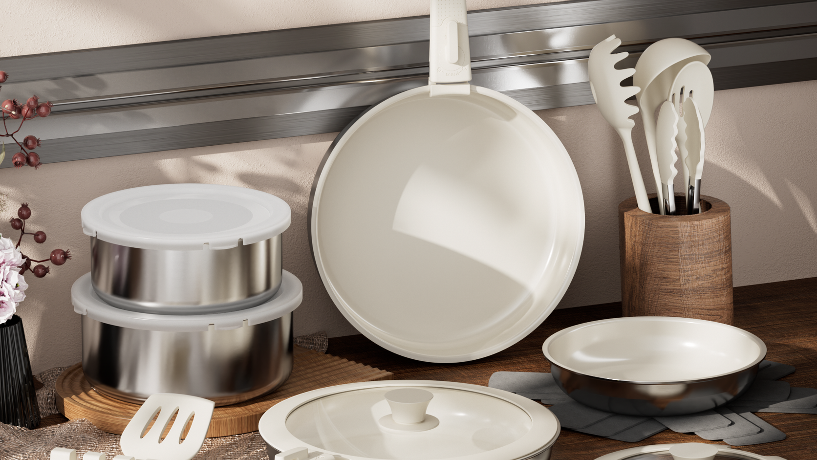Wide complete official view of the SANHO 21-piece stackable cookware system