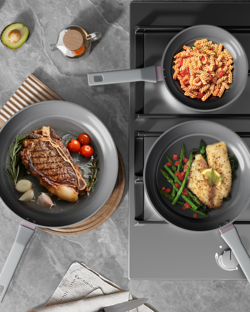 SANHO nonstick ceramic frying-pan family shown in three sizes