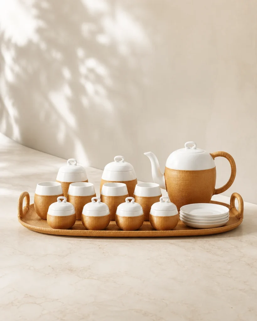 White porcelain SHANG XIA Bridge tea set wrapped in natural bamboo weaving on a matching tray