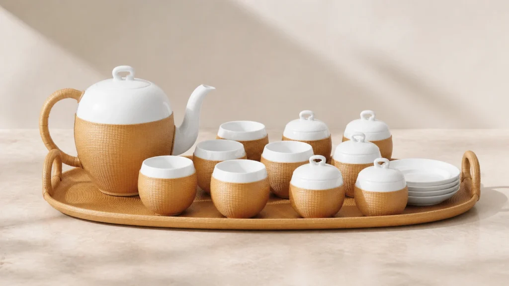 Wide view of the SHANG XIA Bridge teapot, cups and lidded vessels showing white porcelain and fine bamboo weave