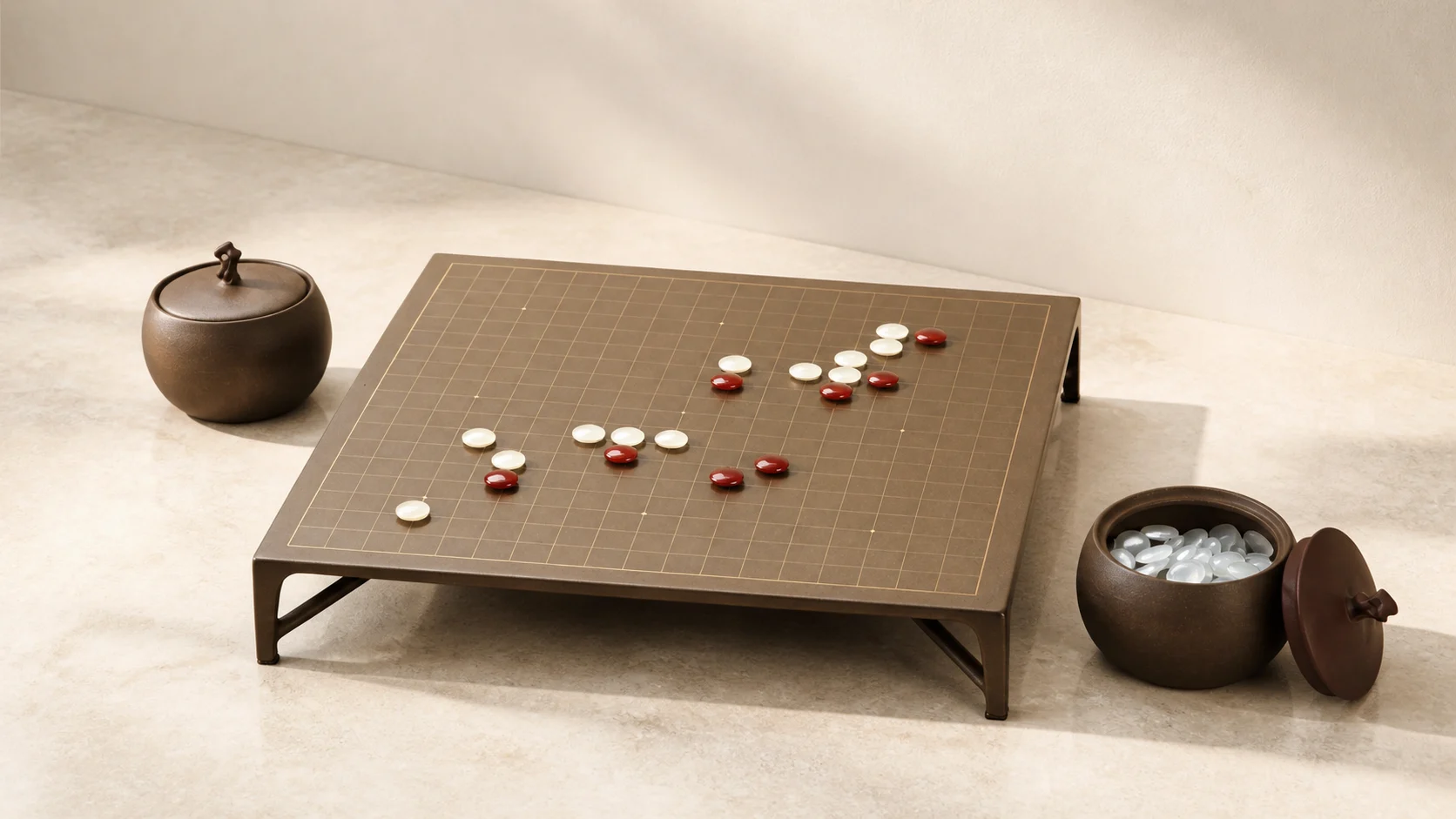 Wide view of the Da Tian Di 19-line carbon-fiber Go board, agate stones and Zisha containers