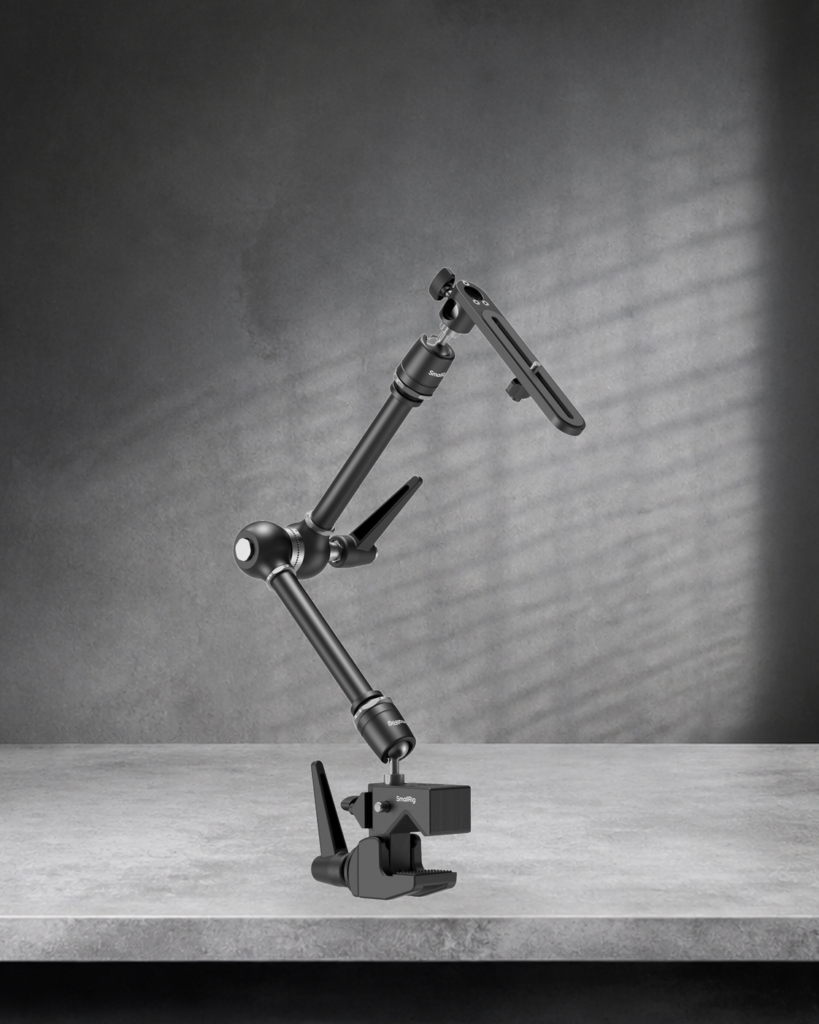 Complete official SmallRig 4862 Super Clamp Magic Arm Kit product view on a warm mineral editorial background