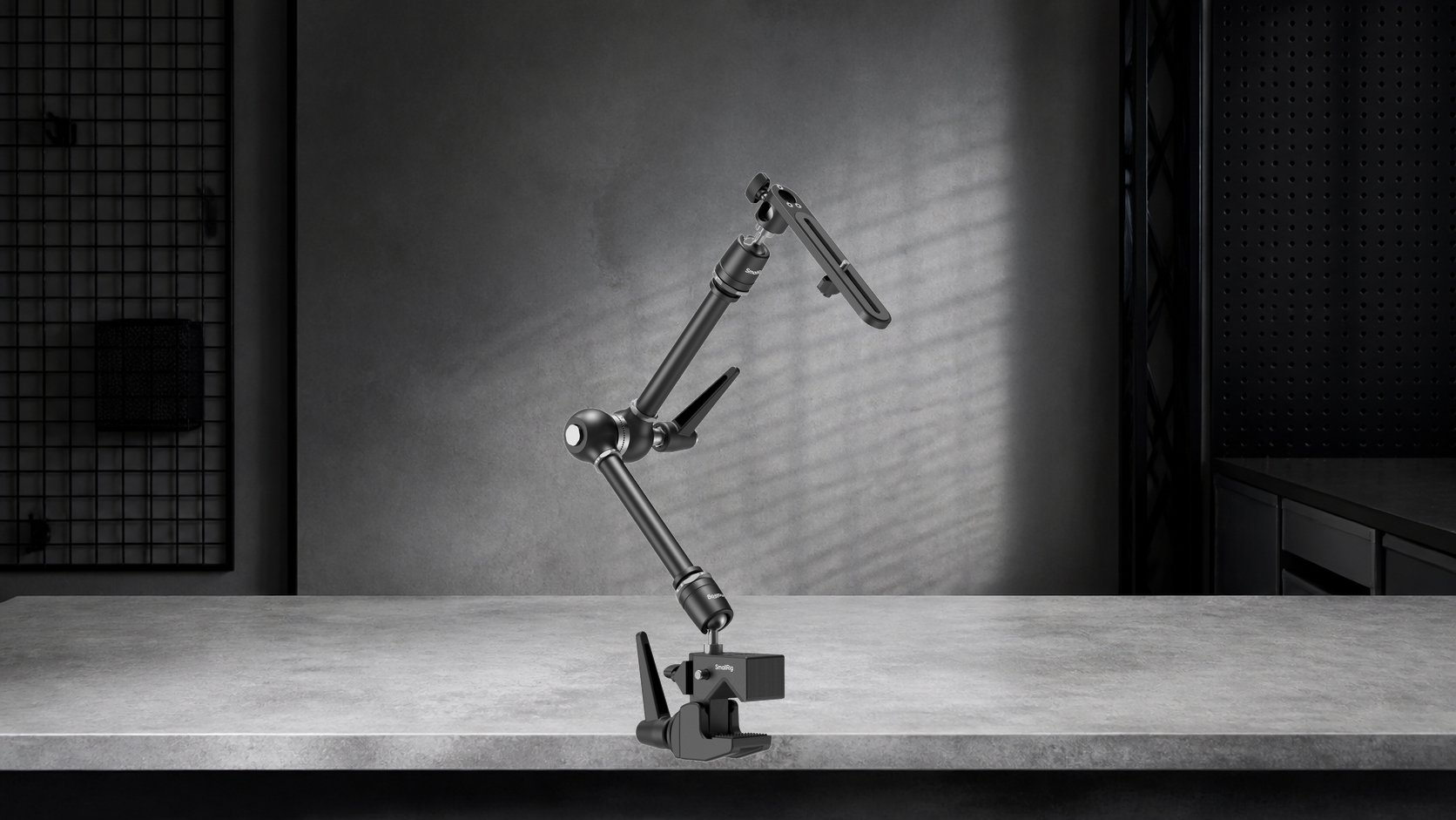 Wide complete official SmallRig 4862 Super Clamp Magic Arm Kit product view on a warm mineral editorial background
