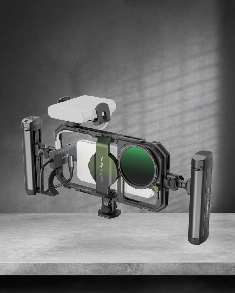 Complete official SmallRig x Brandon Li 4596 All-in-One Mobile Video Kit product view on a warm mineral editorial background