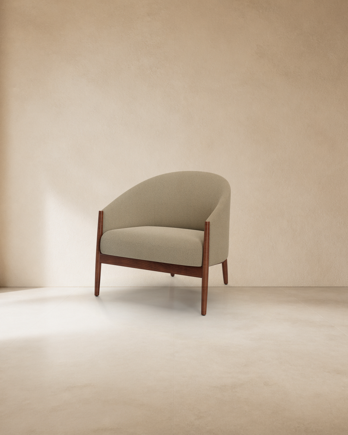 Complete official Stellar Works Ougi Lounge Chair product view on a warm mineral editorial background