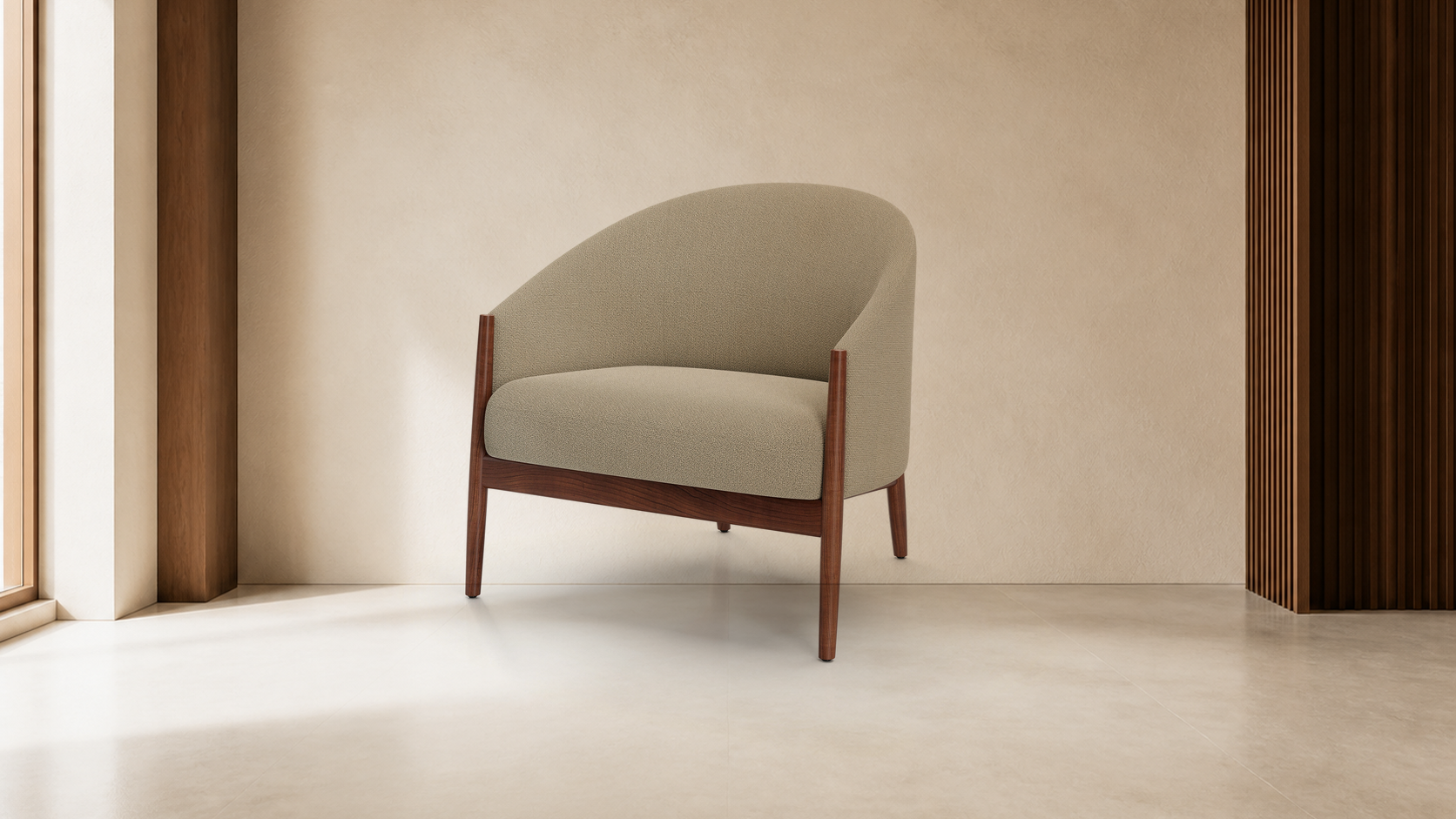 Wide complete official Stellar Works Ougi Lounge Chair product view on a warm mineral editorial background