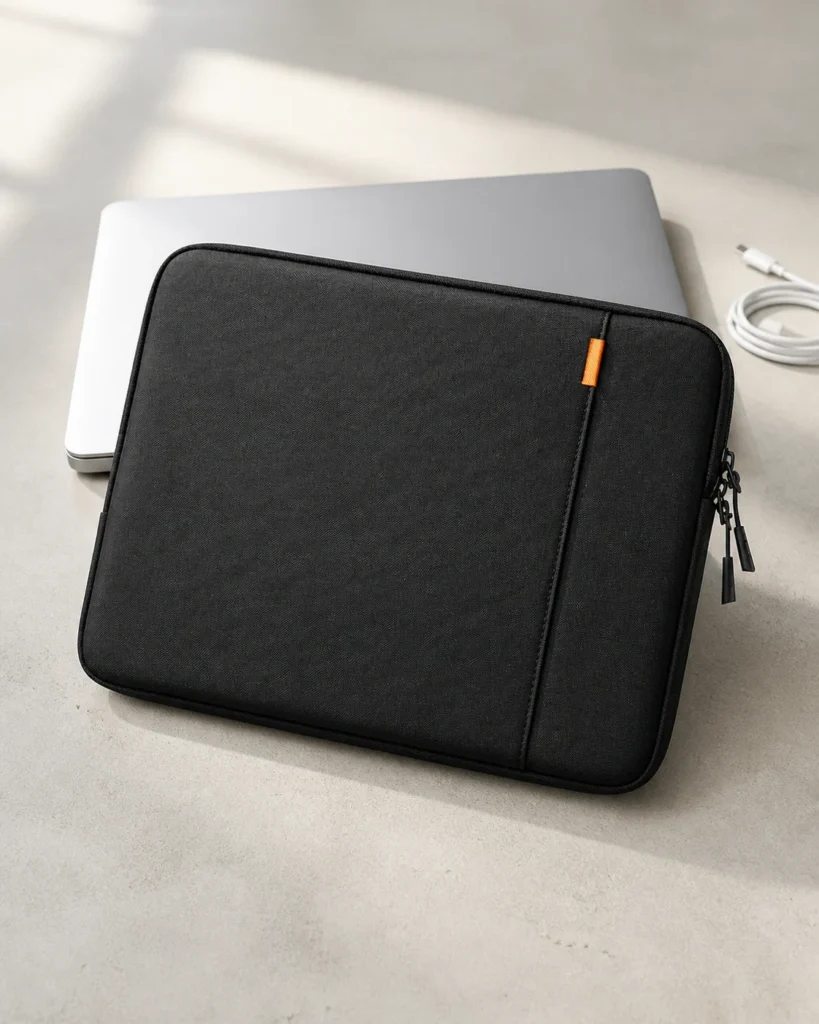 Black tomtoc Defender-A13 laptop sleeve with orange tab, paired zippers and a silver laptop