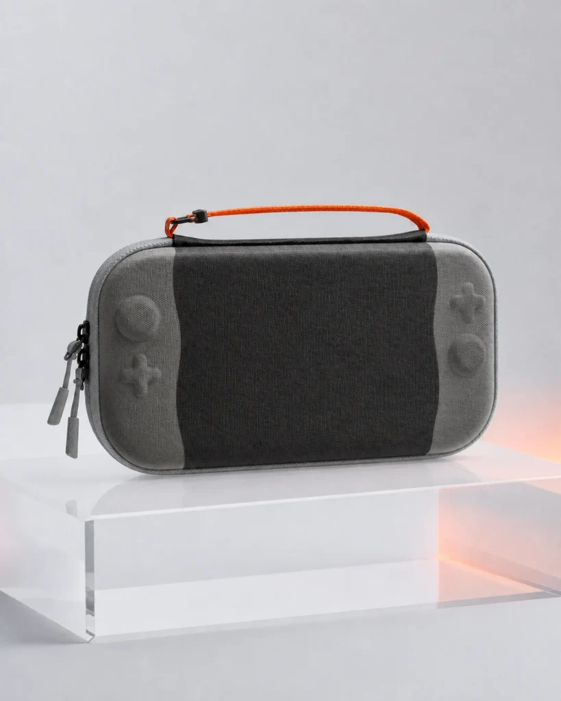 Grey and black tomtoc FancyCase-G05 case with translucent control panels and orange carry cord