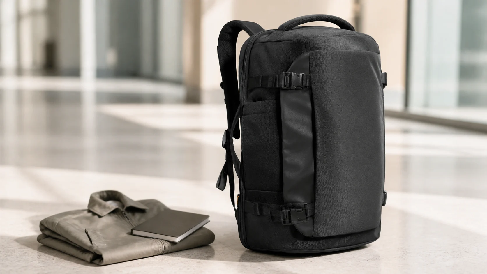 Black tomtoc Navigator-T66 40L backpack beside folded travel clothing and a notebook