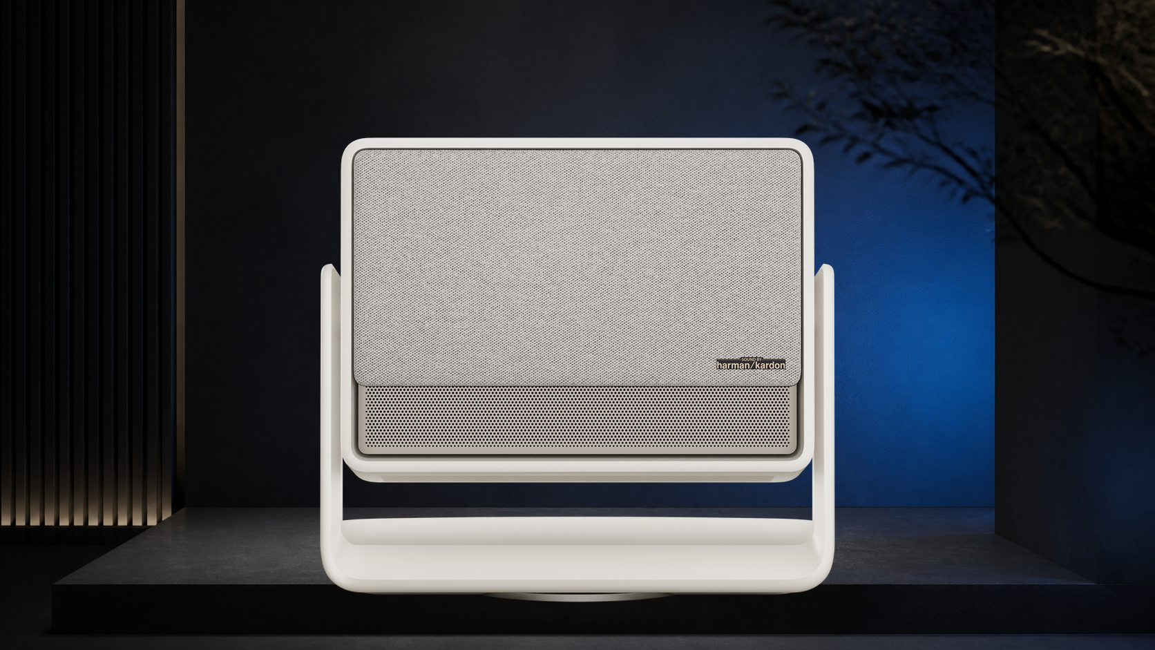 Wide complete official XGIMI HORIZON S Max product view on a warm mineral editorial background