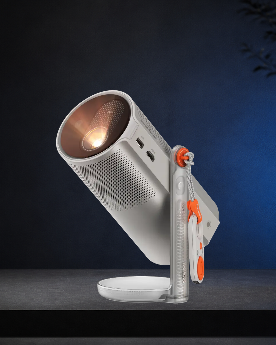 Complete official XGIMI MoGo 4 Laser product view on a warm mineral editorial background