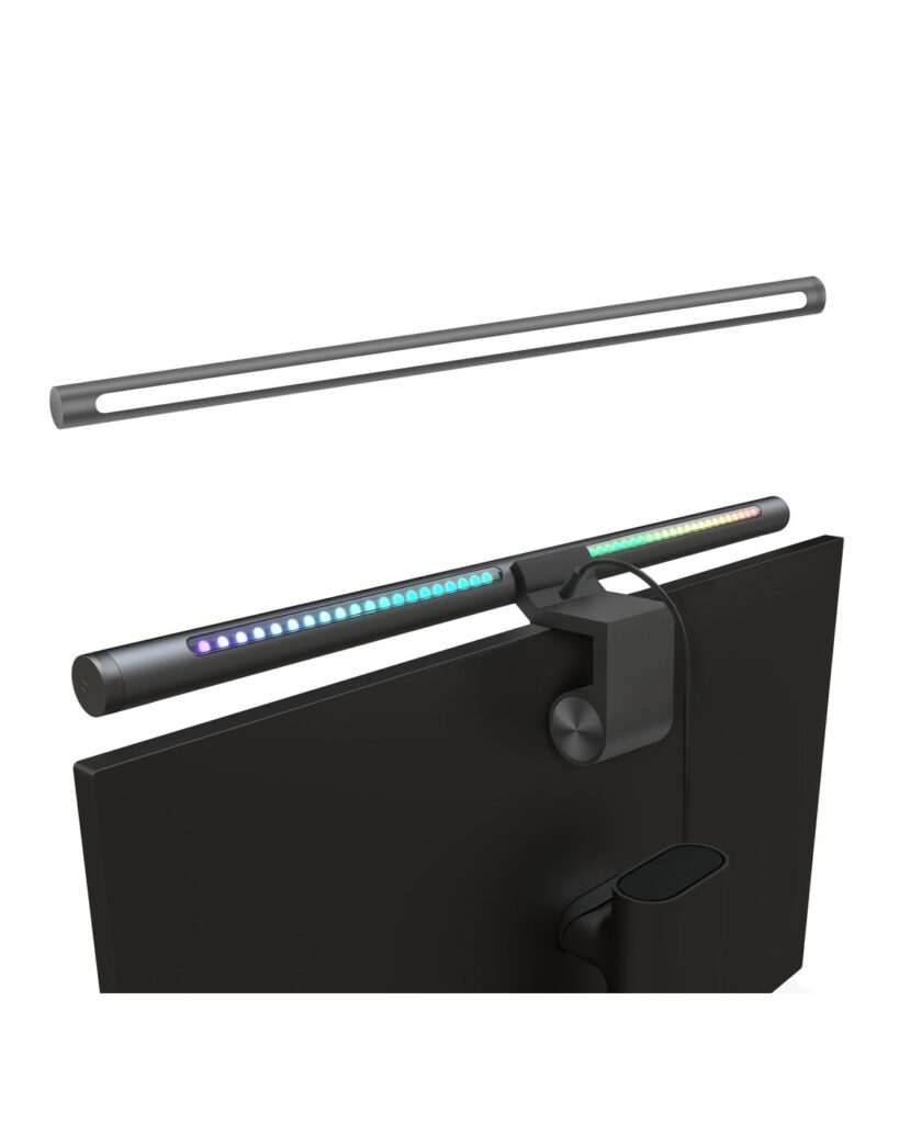 Complete Yeelight Monitor Light Bar Pro shown from front and rear on a monitor